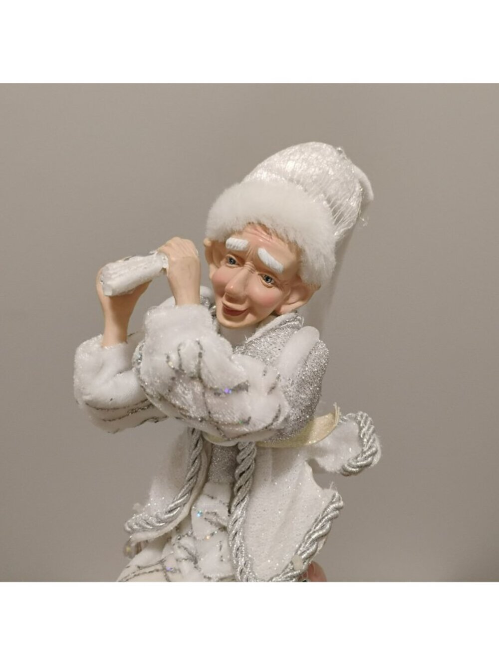 Vintage Posable Elf Figurine Silver White Crystal Jester Shelf Sitter Flute Play - Picture 2 of 9